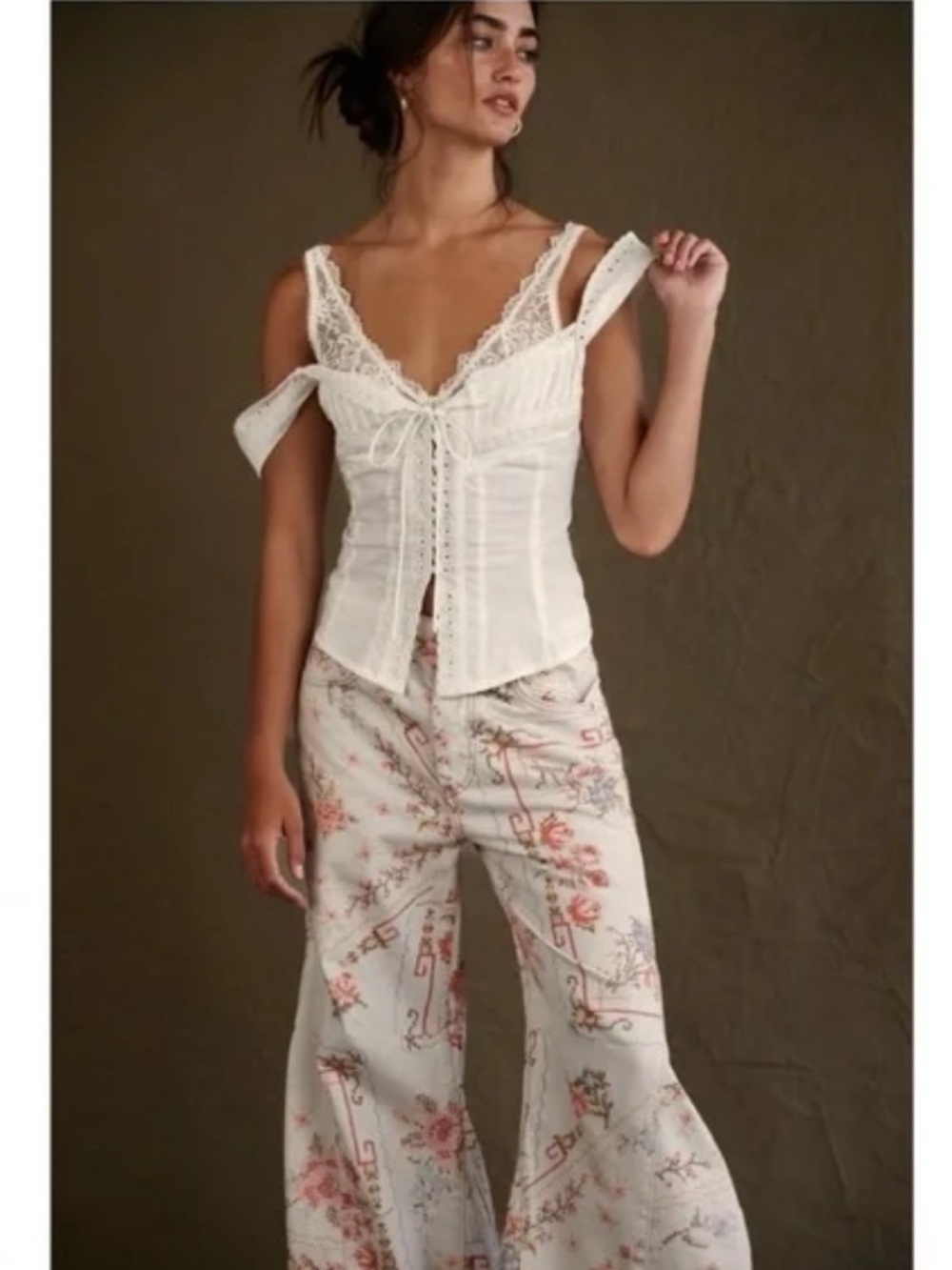 We The Free Cream Wide Leg Floral Pants with Pink Accents